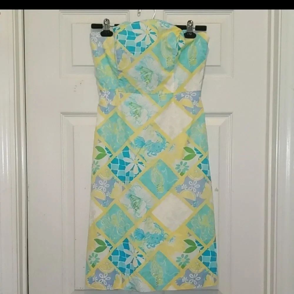 Vintage Lilly Pulitzer strapless patchwork summer ocean dress Sz 2